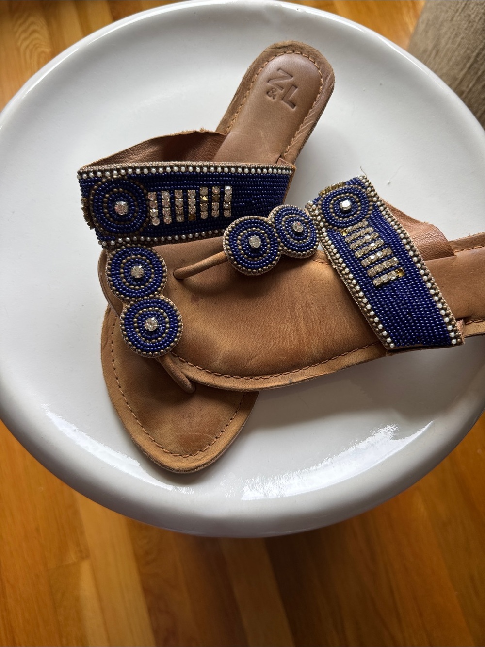 Hand-Beaded Blue and Tan Leather Slide Sandals